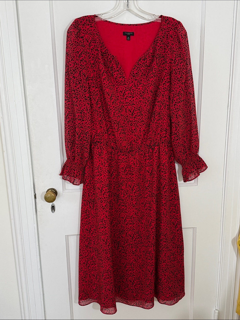 Talbots Red Chiffon V-Neck Midi Dress with elastic waist and cuffs, size 10P